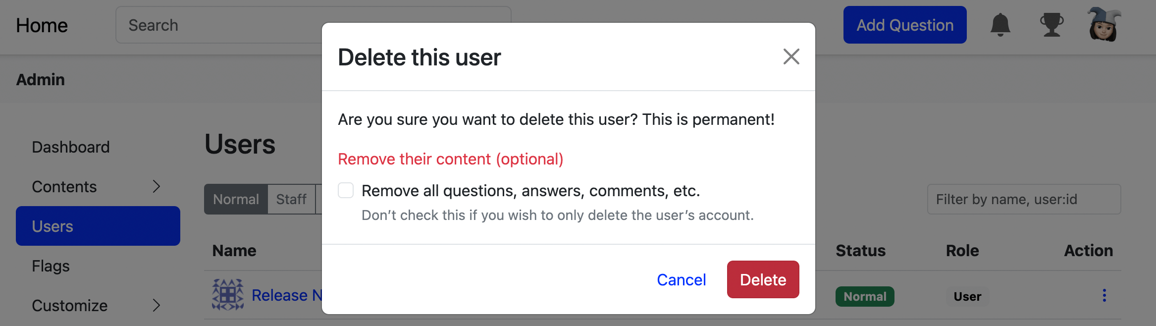 Delete User's Content Checkbox